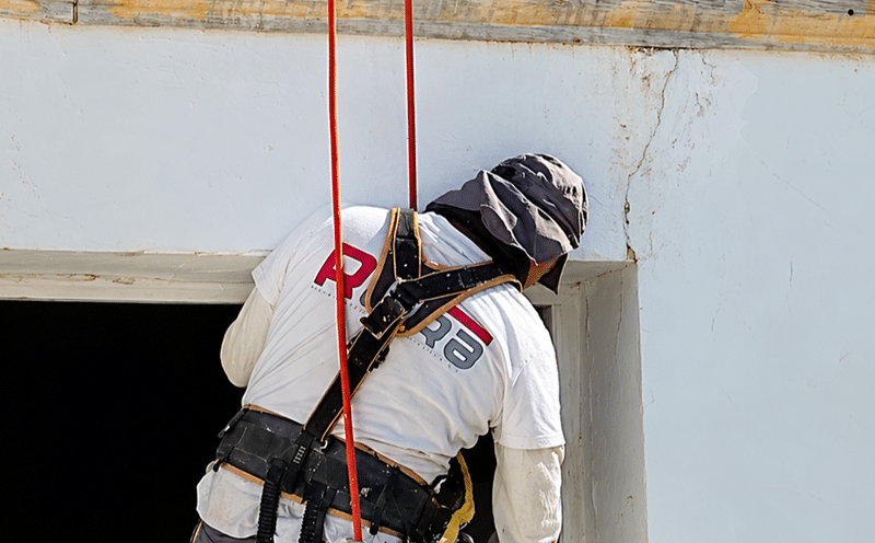 Operario de RETRA realizando trabajos verticales en fachadas.